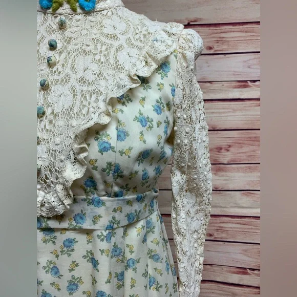 Vintage Floral High Neck Crochet Long Sleeve Prairie Dress
